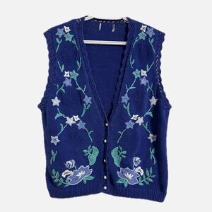 Vintage Floral Embroidered Blue Sweater Vest